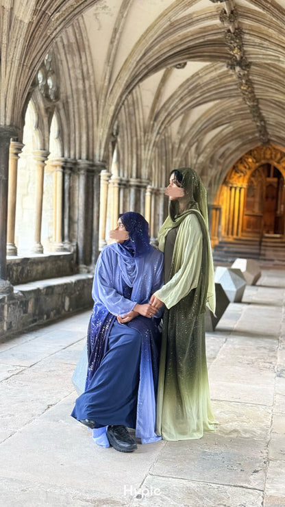 Premium shimmering abaya with matching hijab and 100% pollster  slip dress.
