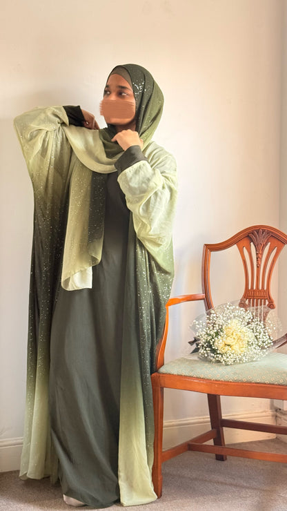 Premium shimmering abaya with matching hijab and 100% pollster  slip dress.