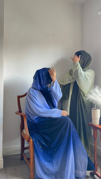 Premium shimmering abaya with matching hijab and 100% pollster  slip dress.